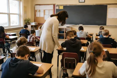 Teacher Assisting Student in Calm Classroom