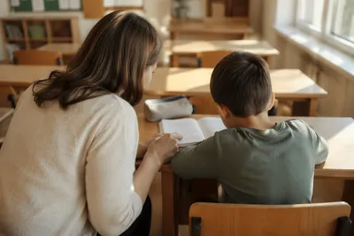 Teacher Helping Student in Sunlit Classroom