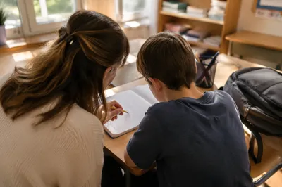 Teacher Supporting Student at Classroom Desk