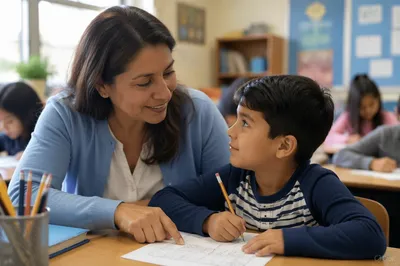 Teacher Helping Student at Classroom Desk