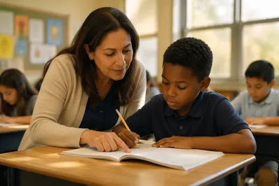 Teacher Helping Student at Classroom Desk