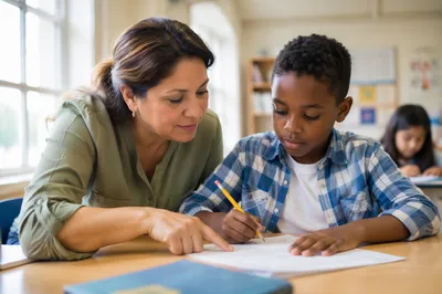 Teacher Helping Student at Classroom Desk