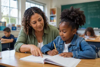 Teacher Helping Student at Classroom Desk