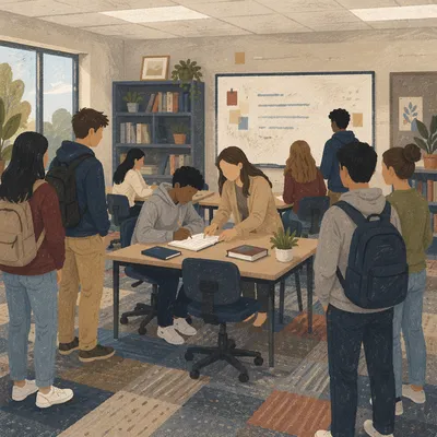 Teacher Assisting Diverse Students in Classroom
