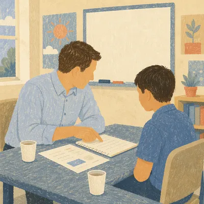 Diverse Teacher Mentoring Student in Classroom