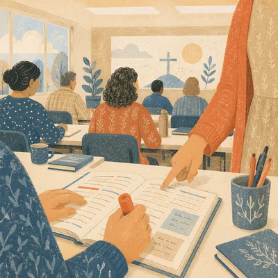Teacher Assisting Adult Student in Classroom