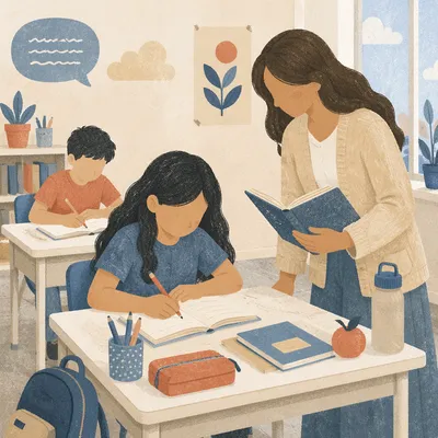 Diverse Teacher Supporting Students in Classroom