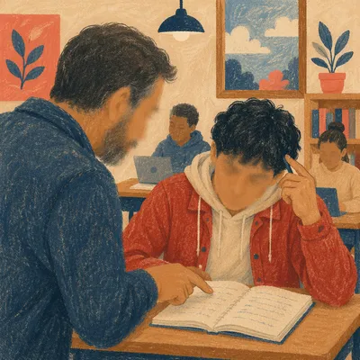 Teacher Guiding Student in Warm Classroom