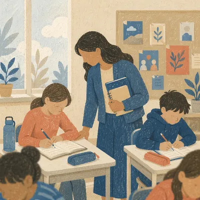 Diverse Teacher Supporting Students in Classroom