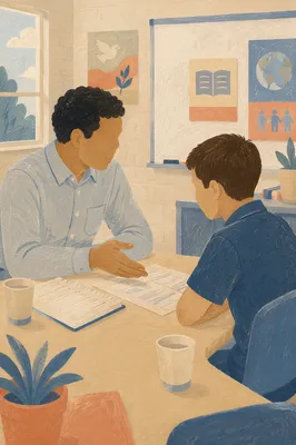 Diverse Teacher Mentoring Student in Classroom