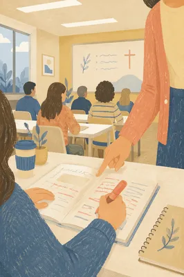 Teacher Guiding Adult Student in Classroom