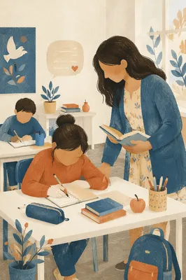 Diverse Teacher Supporting Students in Classroom