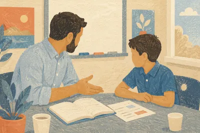 Diverse Teacher Guiding Student in Classroom