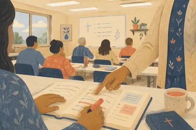 Teacher Guiding Adult Student in Classroom