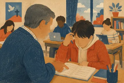 Teacher Guiding Student in Diverse Classroom