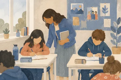 Diverse Teacher Supporting Students in Classroom