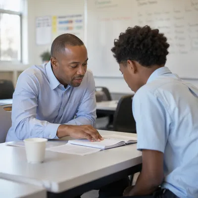 Diverse Teacher Mentoring Student in Classroom