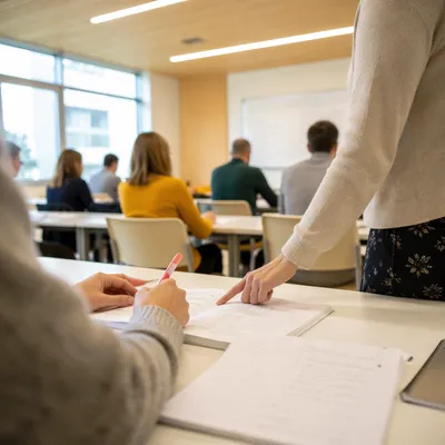 Teacher Guiding Adult Student in Classroom