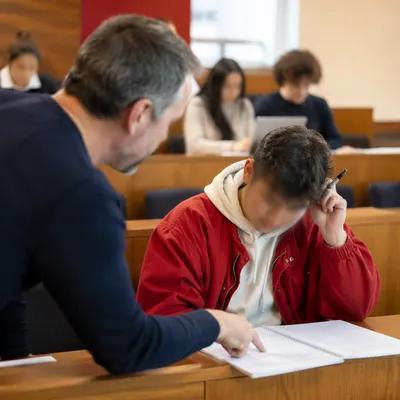 Teacher Guiding Student in Diverse Classroom