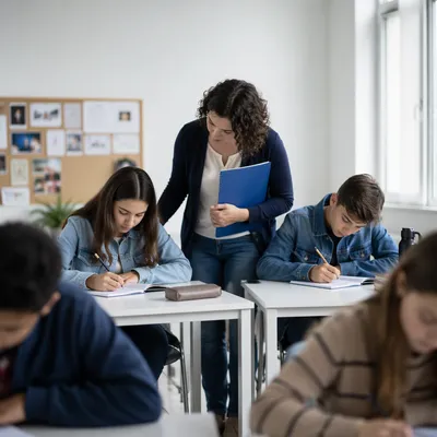 Diverse Teacher Supporting Students in Classroom