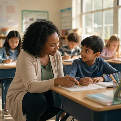 Diverse Teacher Guiding Student in Classroom