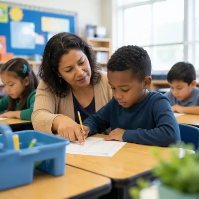 Teacher Encouraging Student in Diverse Classroom