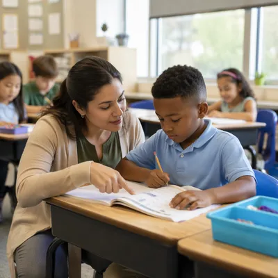 Diverse Teacher Helping Student in Classroom