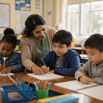 Diverse Classroom Teacher Helping Student Learn