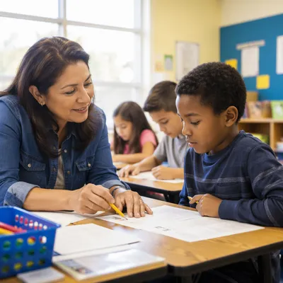 Supportive Teacher Guiding Student in Classroom