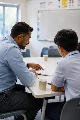 Diverse Teacher Mentoring Student in Classroom