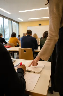 Teacher Guiding Adult Student in Classroom