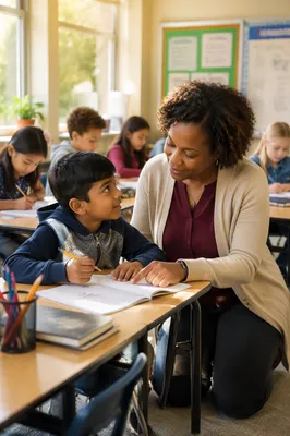 Teacher Helping Student in Sunlit Classroom