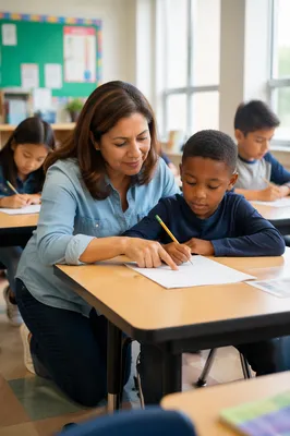 Teacher Helping Student in Bright Classroom