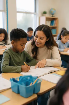 Teacher Helping Student in Bright Classroom