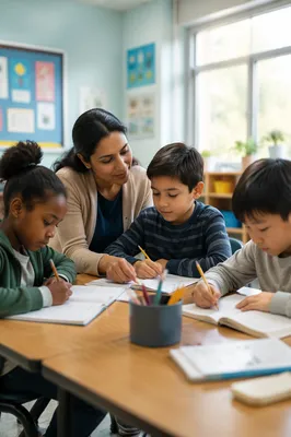 Teacher Helping Students in Bright Classroom