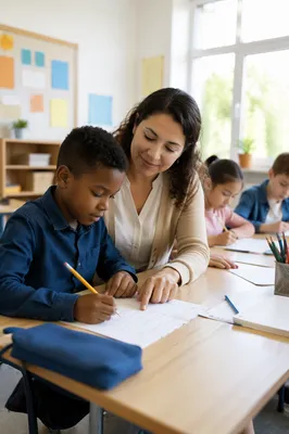 Teacher Helping Student in Bright Classroom