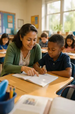 Teacher Helping Student in Sunny Classroom