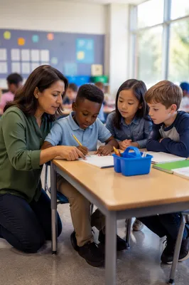 Teacher Helping Students in Bright Classroom