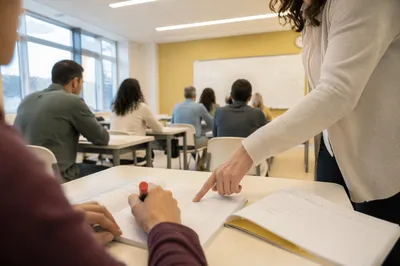 Teacher Guiding Adult Student in Classroom