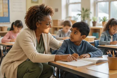 Teacher Helping Student in Sunny Classroom
