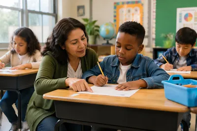 Teacher Helping Student in Bright Classroom
