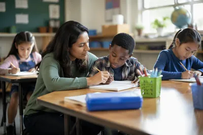 Teacher Helping Student in Bright Classroom