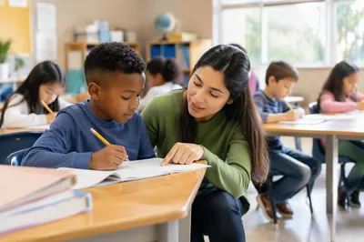 Teacher Helping Student in Bright Classroom