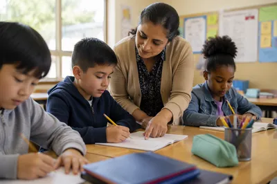 Teacher Helping Students in Bright Classroom