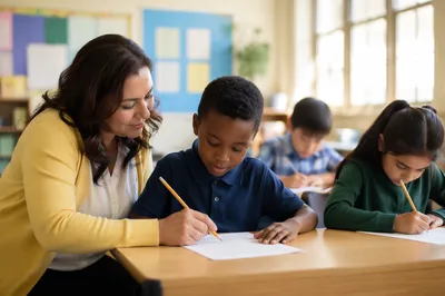 Teacher Helping Student in Bright Classroom
