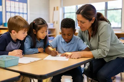 Teacher Helping Students in Bright Classroom