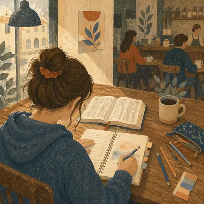 Teen Bible Journaling in Cozy Coffee Shop