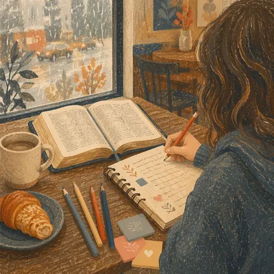 Teen Bible Journaling in Cozy Coffee Shop