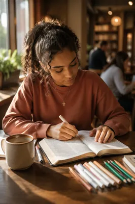 Teen Girl Journaling in Cozy Coffee Shop