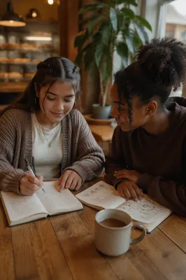 Teen Friends Journaling in Cozy Coffee Shop